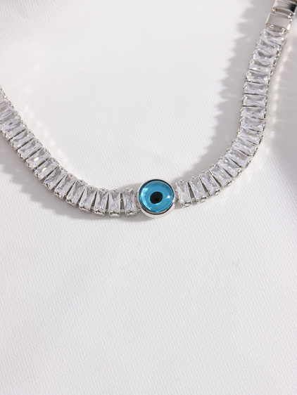 Baget Zircon Taşlı Nazar Boncuklu Gümüş Renk Kolye