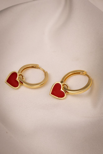 Kırmızı Mineli Kalp Charm Gold Renk Halka Küpe Kırmızı Mineli Kalp Charm Gold Renk Halka Küpe