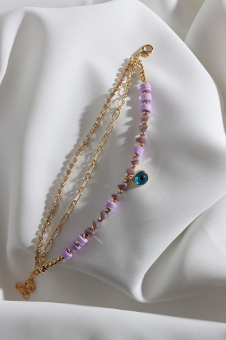 3'Lü Gold Renk Su Yolu Detaylı Mor Boncuklu Nazar Bileklik