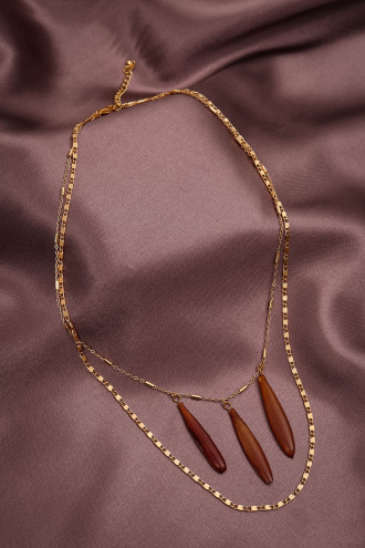 İkili Zincirli Kırmızı Cerbera Çiçeği Yapraklı Gold Renk Kolye