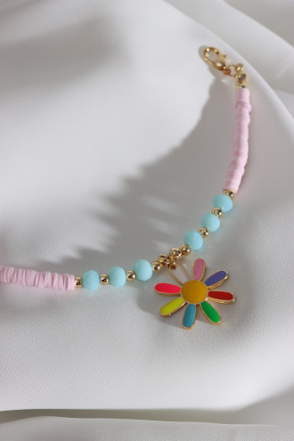 Toz Pembe Fimo Boncuklu Renkli Mineli Papatya Bileklik