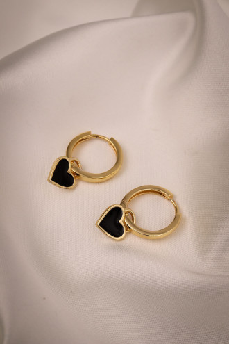 Siyah Mineli Kalp Charm Gold Renk Halka Küpe