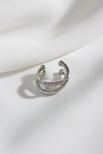 Iki Sıralı Çapraz Taşlı Tek Sıkıştırmalı Gümüş Renk Kıkırdak Küpe