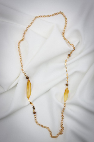 Yaprak Detaylı Gold Renk Uzun Zincir Kolye