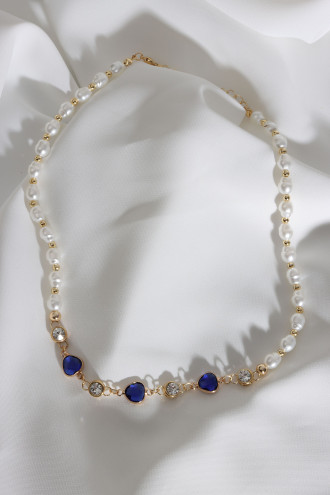 Lacivert Üçgen Taşlı Inci Kolye