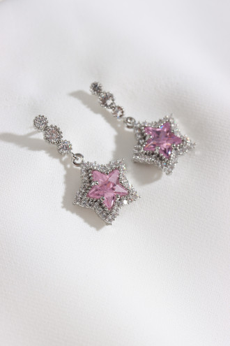 Pembe Taşlı Sallantılı Gümüş Renk Yıldız Küpe