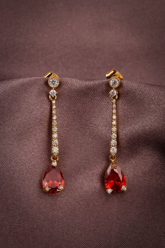 Kırmızı Taşlı Gold Renk Sallantılı Abiye Küpe