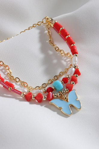 3'Lü Kelebek Uçlu Fimo Boncuk Detaylı Kırmızı Bileklik