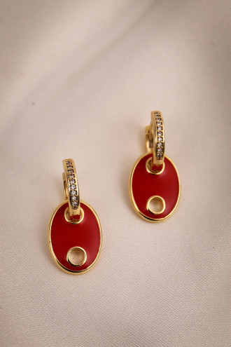 Düğme Model L Kırmızı Mineli Gold Renk Taşlı Halka Küpe