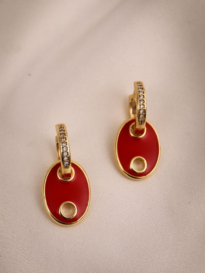 Düğme Model L Kırmızı Mineli Gold Renk Taşlı Halka Küpe