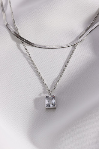 2'Li Italyan Zincirli Kare Tek Taş Gümüş Renk Çelik Kolye