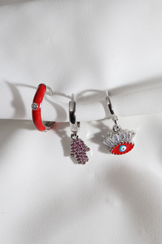 3'Lü Göz Figür Kırmızı Mineli Gümüş Renk Küpe