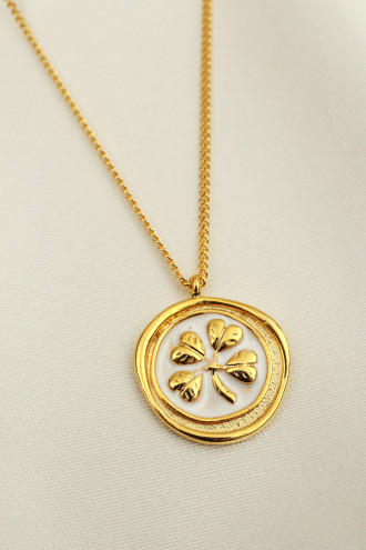 Beyaz Mineli Yonca Figür Gold Renk Kolye