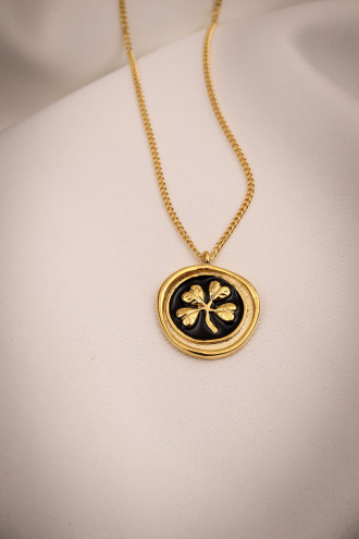 Siyah Mineli Yonca Figür Gold Renk Kolye