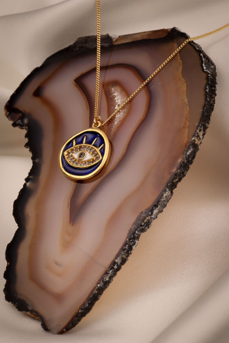 Lacivert Mineli Göz Plaka Kolye