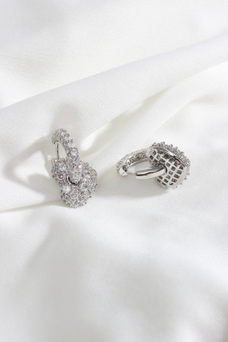 Çok Taşlı Kalp Figür Gümüş Renk Halkalı Abiye Küpe