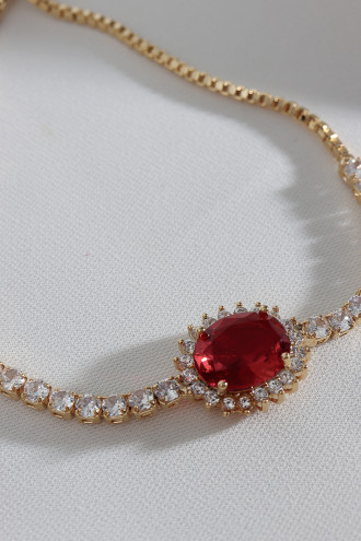 Oval Kırmızı Zircon Taşlı Anturaj Gold Renk Su Yolu Asansörlü Bileklik