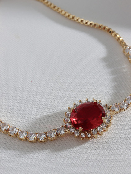 Oval Kırmızı Zircon Taşlı Anturaj Gold Renk Su Yolu Asansörlü Bileklik