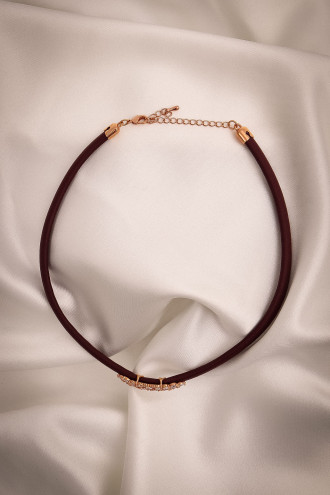 Bordo Yumuşak Deri Rose Renk Zircon Taşlı Choker