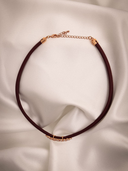 Bordo Yumuşak Deri Rose Renk Zircon Taşlı Choker