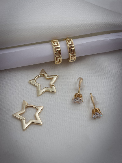 Yıldız Model Gold Renk Halka Küpe 3Lü Yıldız Model Gold Renk Halka Küpe 3Lü