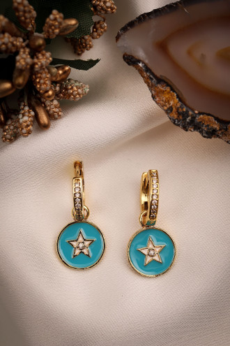 Mavi Mineli Yıldız Figür Gold Renk Halka Küpe