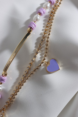 3'Lü Lila Fimo Boncuklu Şerit Kalp Bileklik