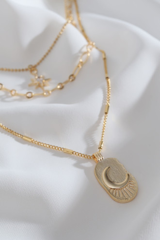 3'Lü Ay Figürlü Kutup Yıldızı Gold Renk Zincir Kolye