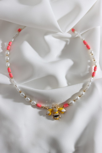 Arı Fügür Nar Çiçeği Fimo Detaylı İnci Kolye