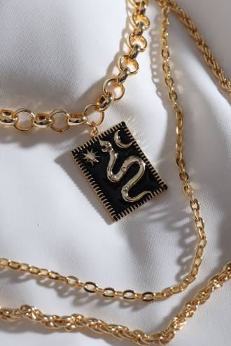 3'Lü Siyah Mineli Yılan Figür Zincir Gold Renk Kolye