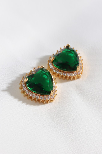 Yeşil Taşlı Gold Renk Kalp Küpe