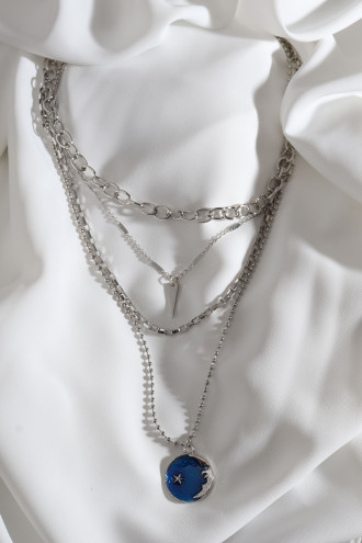 Lacivert Mineli Ay Uçlu Gümüş Renk Zincir Kolye