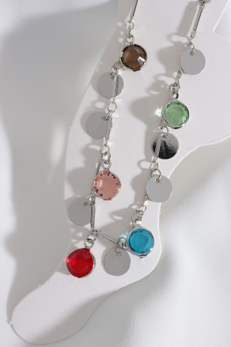 Renkli Taşlı Pul Detaylı Gümüş Renk Halhal