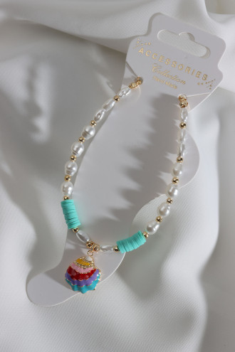 Yeşil Fimo Boncuk Detaylı İncili Deniz Kabuğu Uçlu Halhal