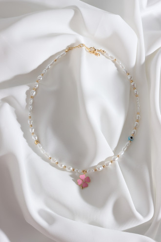 Pembe Mineli Yonca Uçlu İnci Kolye