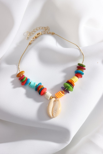 Renkli Yassı Doğal Taş Boncuk Gold Renk Halhal