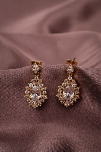 Zircon Taşlı Sallantılı Gold Renk Abiye Küpe