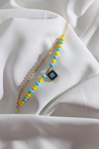 2'Li Sarı Fimo Boncuklu Kare Sallantılı Lacivert Mineli Bileklik