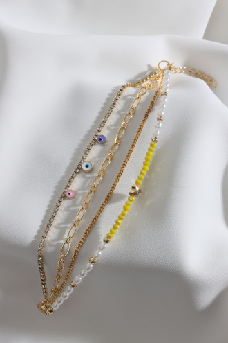 4'Lü Sarı Boncuk Detaylı Gold Renk Çoklu Bileklik