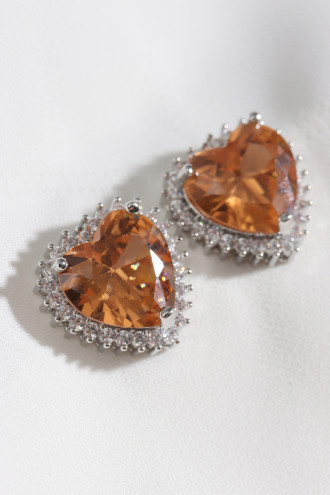 Bal Rengi Taşlı Gümüş Renk Kalp Küpe