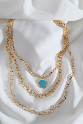 3'Lü Mavi Mineli Yuvarlak Uçlu Gold Renk Zincir Kolye