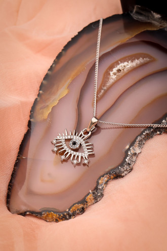 Gümüş Renk Zircon Taşlı Göz Kolye