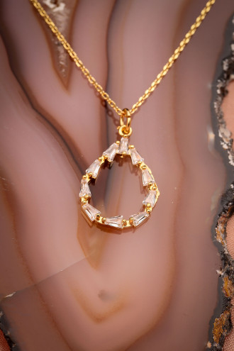 Oval Baget Taşlı Gold Renk Kolye