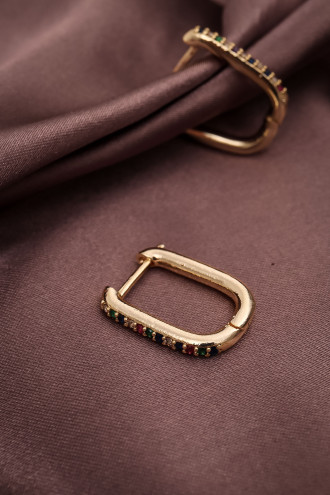 Renkli Taşlı Oval Gold Renk Halka Küpe