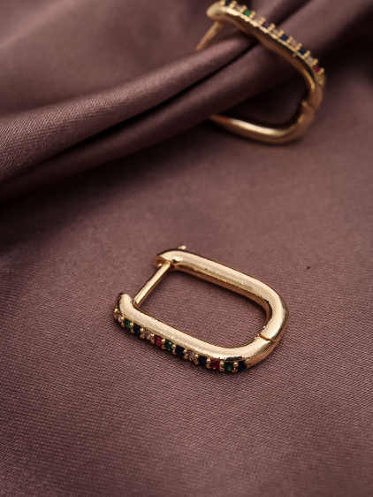 Renkli Taşlı Oval Gold Renk Halka Küpe