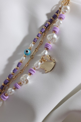 3'Lü Gold Renk Mor Boncuklu Inci Detay Kuğu Bileklik