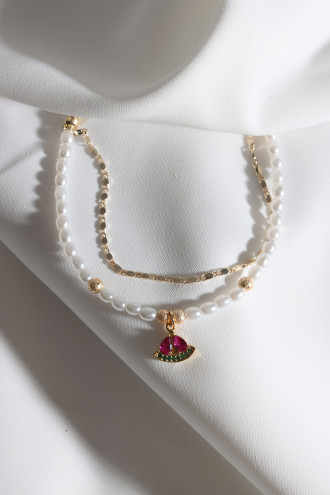 2'Li İnci Ve Gold Renk Zincirli Kırmızı Taşlı Elma Uçlu Bileklik