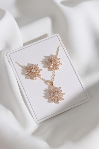 Zircon Taşlı Gold Renk Küpe Kolye Abiye Set Zircon Taşlı Gold Renk Küpe Kolye Abiye Set
