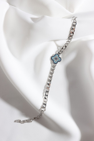 Zircon Taşlı Gümüş Renk Nazarlı Yonca Zincir Bileklik