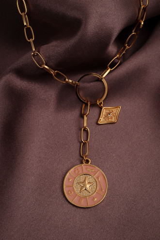 Pembe Mineli Uzun Gold Renk Plaka Kolye